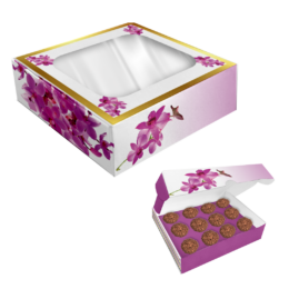 Caixa para 12 doces com visor e berço - Orquídeas - 24 unidades