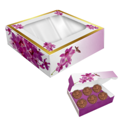 Caixa para 6 doces com visor e berço - Orquídeas - 24 unidades