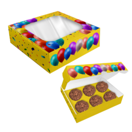 Caixa para 6 doces com visor e berço - Balões - 24 unidades